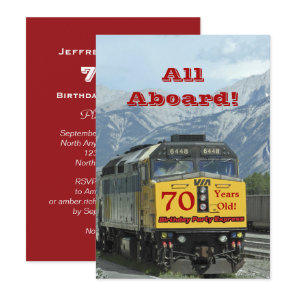 70th Birthday Party Railroad Train Yellow Engine Invitation