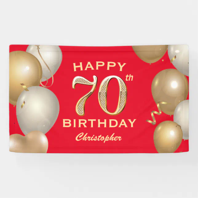 70th Red Lettering 70th Birthday Party Red and Gold Balloons Banner | Zazzle