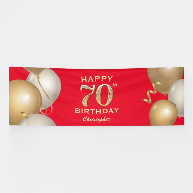 70th Birthday Party Red and Gold Balloons Banner (Horizontal)