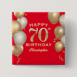 70th Birthday Party Red and Gold Balloons Button