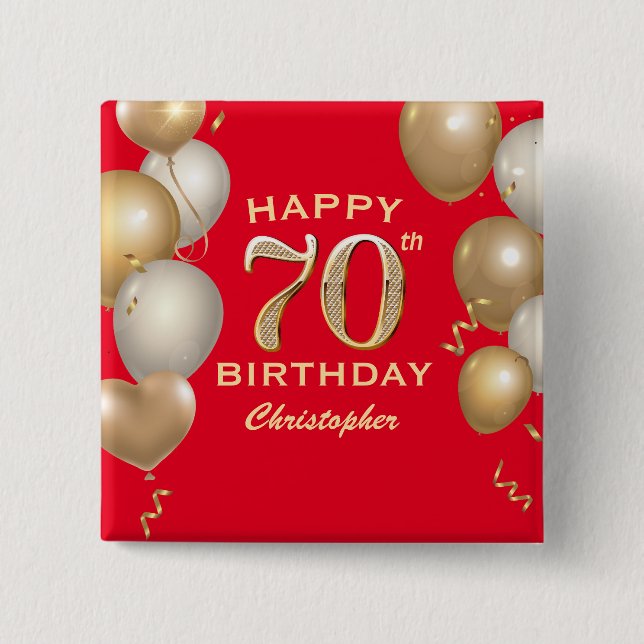 70th Birthday Party Red and Gold Balloons Button (Front)