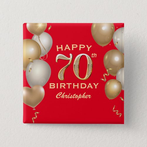 70th Birthday Party Red and Gold Balloons Button