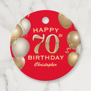 70th Birthday Party Red and Gold Balloons Favor Tags