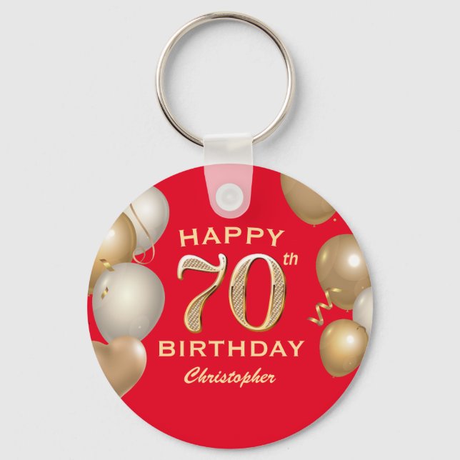 70th Birthday Party Red and Gold Balloons Keychain (Front)