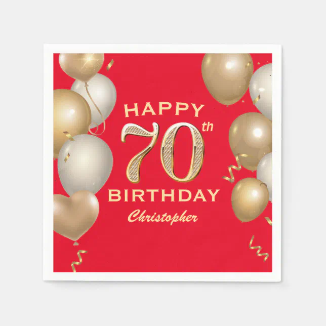 70th Red Lettering 70th Birthday Party Red and Gold Balloons Napkins | Zazzle
