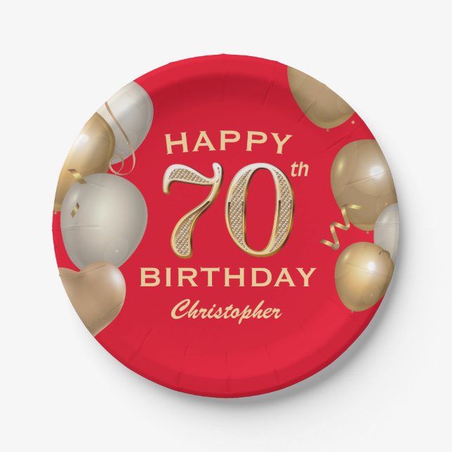 70th Birthday Party Red and Gold Balloons Paper Plates (Front)