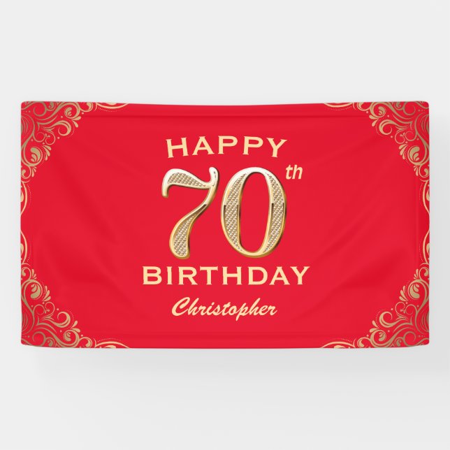 70th Birthday Party Red and Gold Glitter Frame Banner (Horizontal)