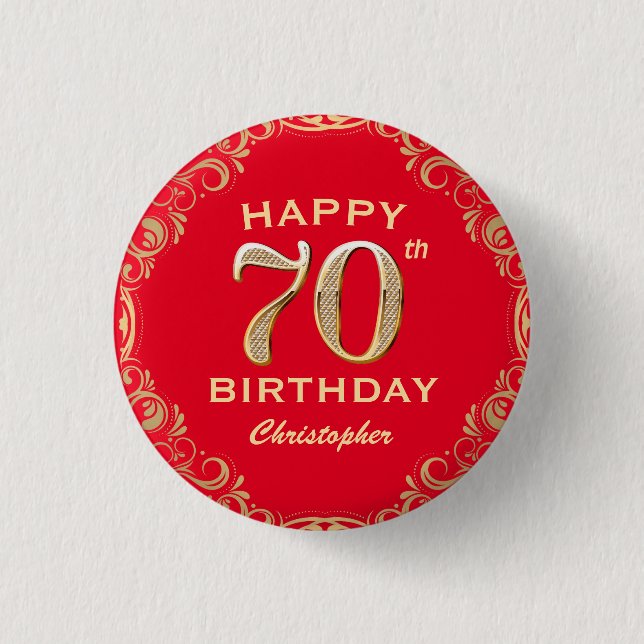 70th Birthday Party Red and Gold Glitter Frame Button (Front)