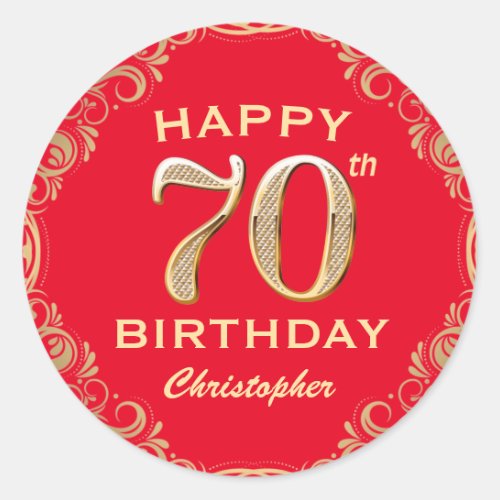70th Birthday Party Red and Gold Glitter Frame Classic Round Sticker