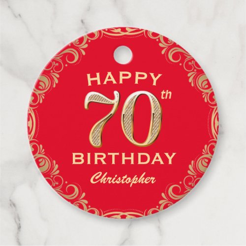 70th Birthday Party Red and Gold Glitter Frame Favor Tags