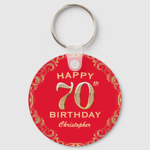 70th Birthday Party Red and Gold Glitter Frame Keychain