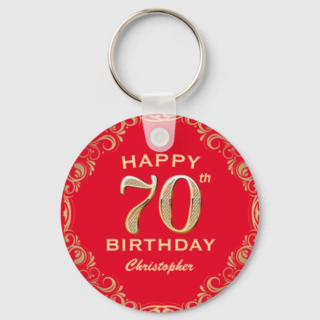 70th Birthday Party Red and Gold Glitter Frame Keychain (Front)