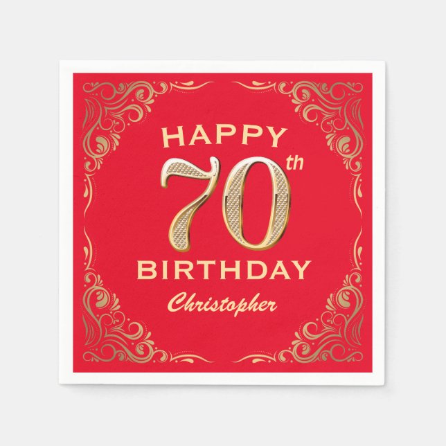 70th Birthday Party Red and Gold Glitter Frame Napkins (Front)