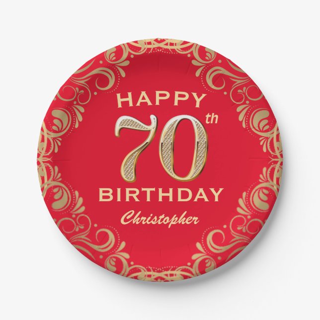 70th Birthday Party Red and Gold Glitter Frame Paper Plates (Front)