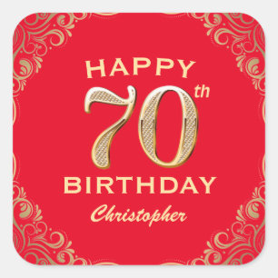 70th Birthday Party Red and Gold Glitter Frame Square Sticker