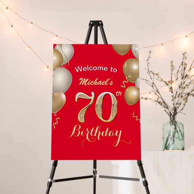 70th Birthday Party Red and Gold Welcome Sign (In Situ (Stand))