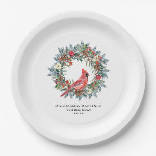 70th Birthday Party Red Cardinal Wreath Custom Paper Plates
