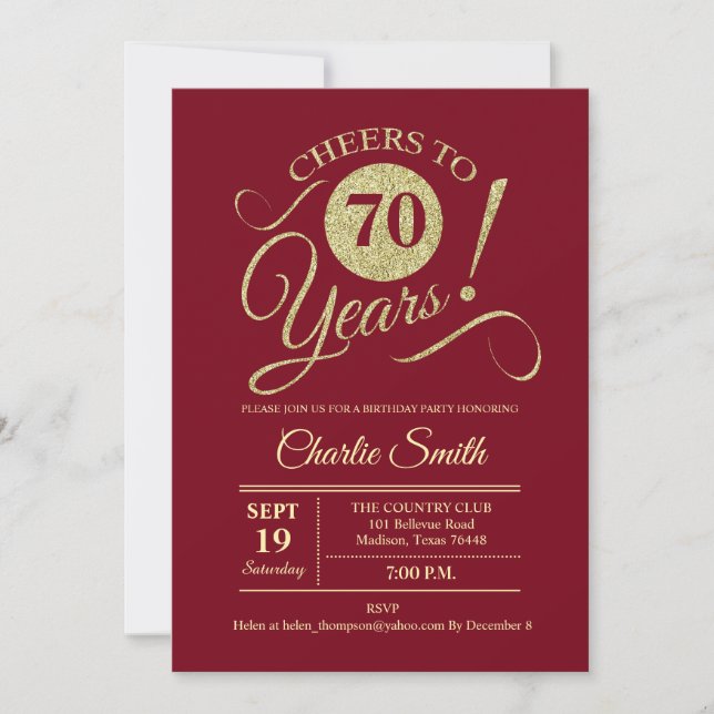 70th Birthday Party - Red Gold Invitation (Front)