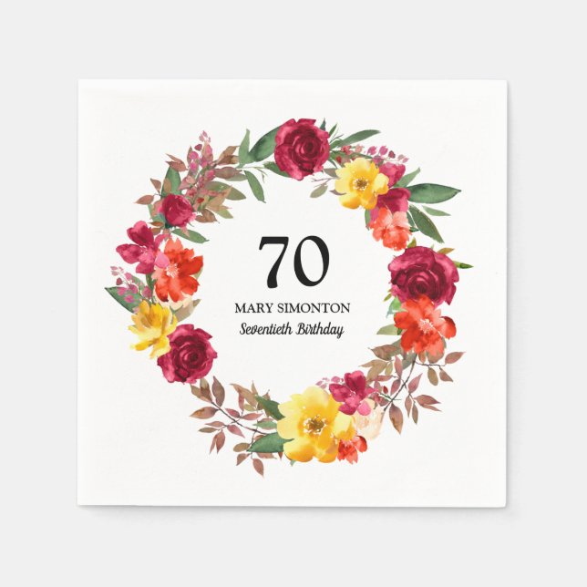 70th Birthday Party Red Orange Yellow Fall Floral Napkins (Front)