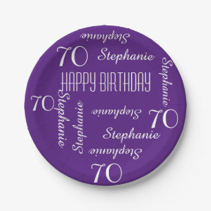 70th Birthday Party Repeating Names Classy Purple Paper Plates