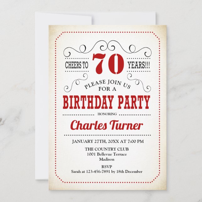 70th Birthday Party - Retro Creamy White and Red Invitation (Front)