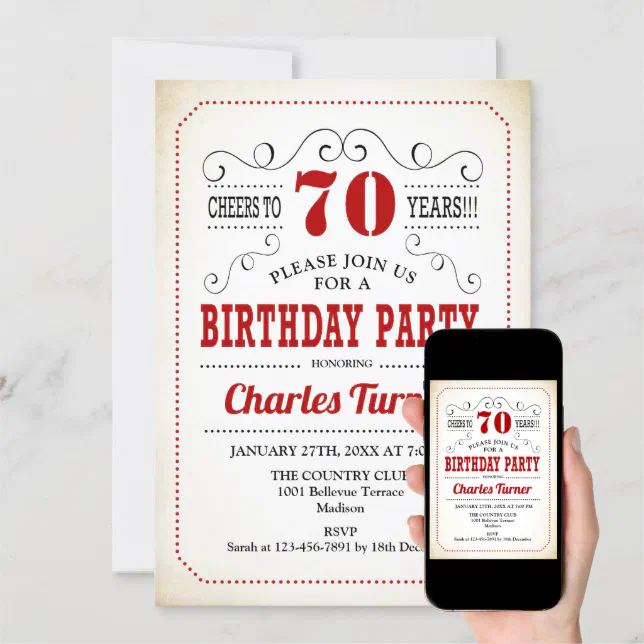 70th Birthday Party - Retro Creamy White and Red Invitation | Zazzle