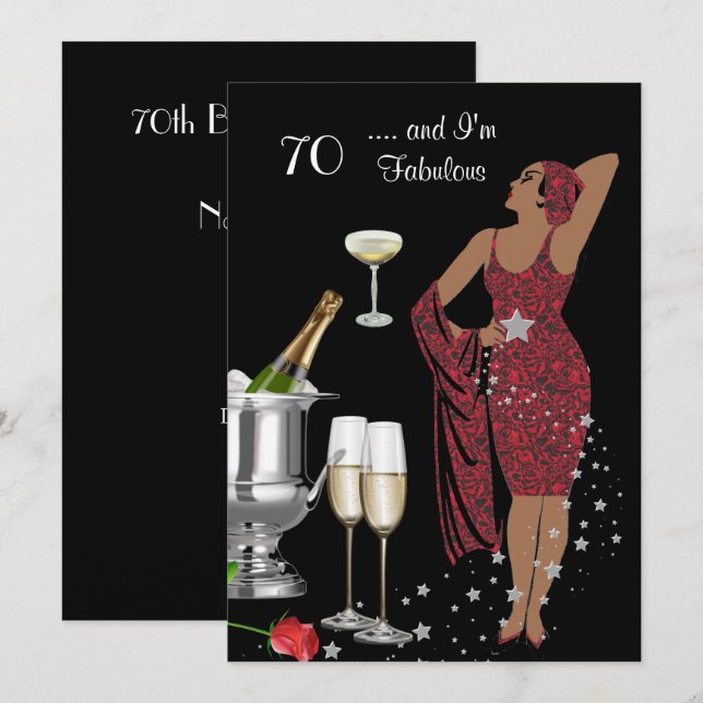 70th Birthday Party Retro Diva Art Deco Red 2 Invitation (Front/Back)