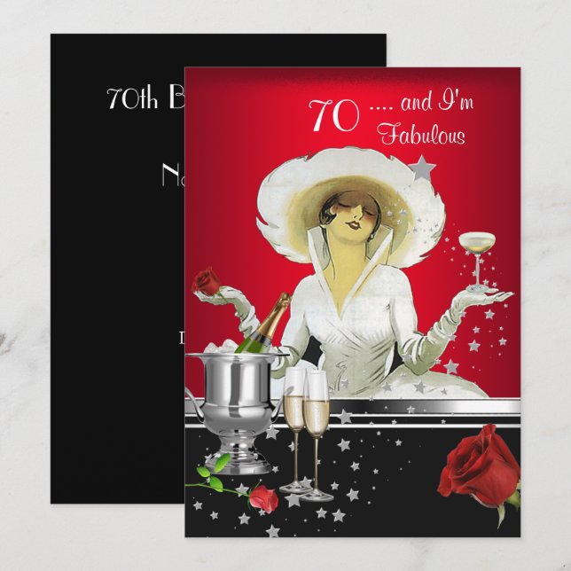 70th Birthday Party Retro Diva Art Deco Red Silver Invitation (Front/Back)