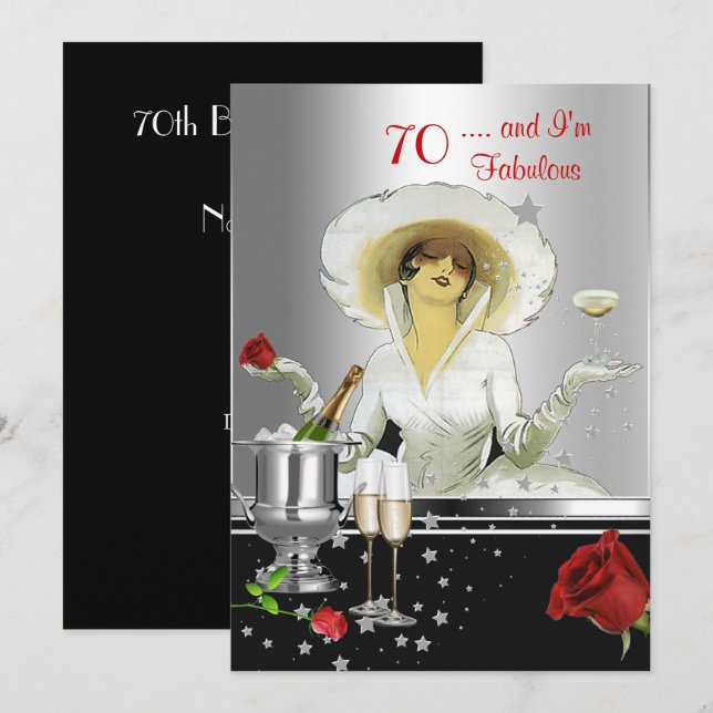 70th Birthday Party Retro Diva Art Deco Red Silver Invitation (Front/Back)
