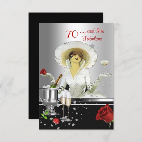 70th Birthday Party Retro Diva Art Deco Red Silver Invitation