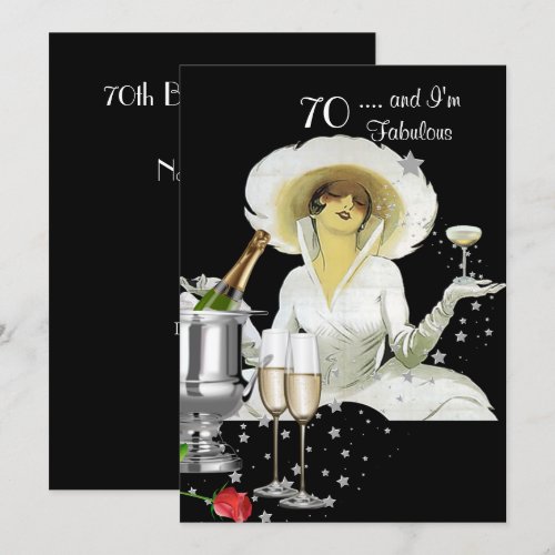 70th Birthday Party Retro Diva Art Deco Red Silver Invite