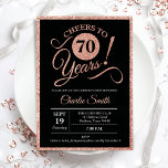 70th Birthday Party - Rose Gold Black ANY AGE Invitation<br><div class="desc">70th birthday party invitation for women. Elegant invite card in black with faux glitter rose gold foil. Features typography script font. Cheers to 70 years! Can be personalized into any year. Perfect for a milestone adult bday celebration.</div>