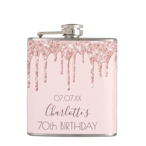 70th birthday party rose gold blush glitter drips flask