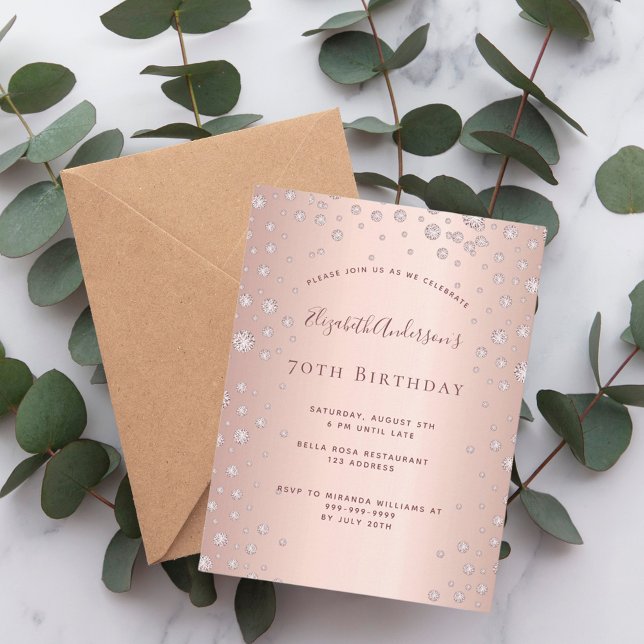 70th birthday party rose gold diamond invitation postcard (Creator Uploaded)