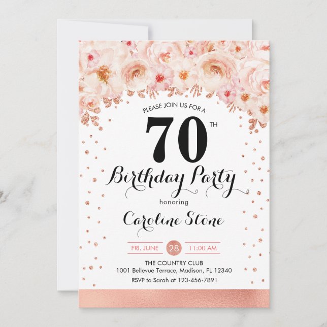 70th Birthday Party - Rose Gold Flowers Invitation (Front)