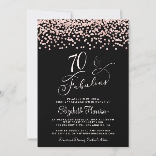 70th Birthday Party Rose Gold Glitter Black