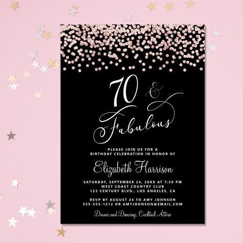 70th Birthday Party Rose Gold Glitter Black Invitation