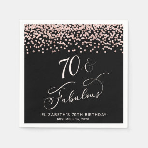 70th Birthday Party Rose Gold Glitter Black Napkins