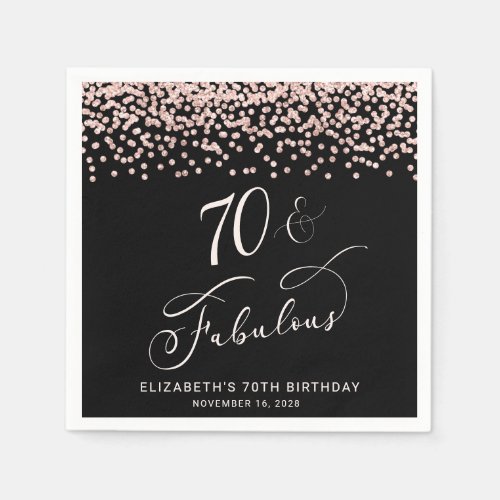 70th Birthday Party Rose Gold Glitter Black Napkins