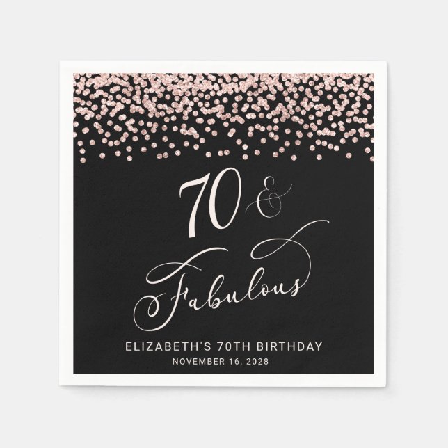 70th Birthday Party Rose Gold Glitter Black Napkins (Front)