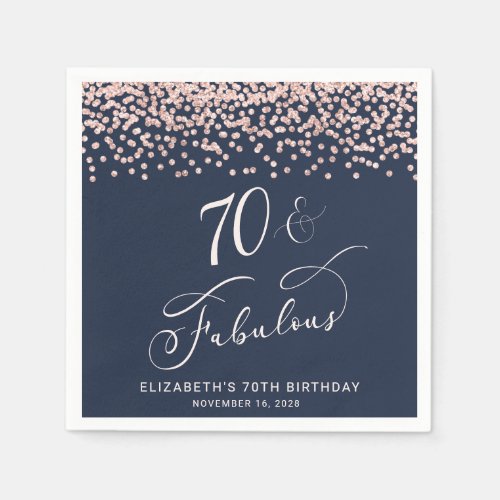 70th Birthday Party Rose Gold Glitter Blue Napkins