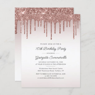 70th Birthday Party Rose Gold Glitter Drip Invite