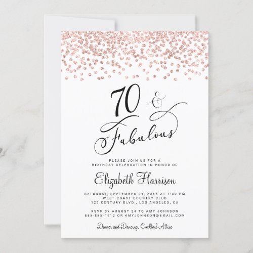 70th Birthday Party Rose Gold Glitter Invitation