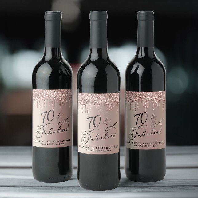 70th Birthday Party Rose Gold Glitter Wine Label (Creator Uploaded)