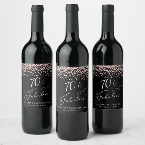 70th Birthday Party Rose Gold Glitter Wine Label