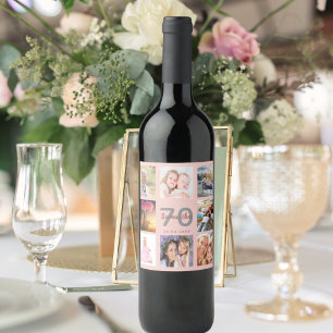 70th birthday party rose gold photo collage wine label