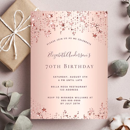 70th birthday party rose gold stars invitation postcard