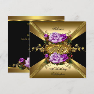70th Birthday Party Roses Purple Gold Black Invitation