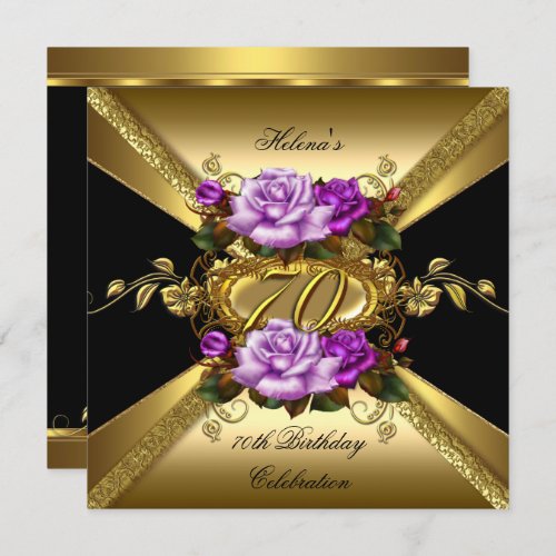 70th Birthday Party Roses Purple Gold Black Invitation