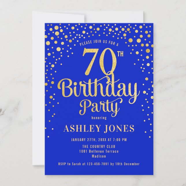 70th Birthday Party - Royal Blue & Gold Invitation (Front)